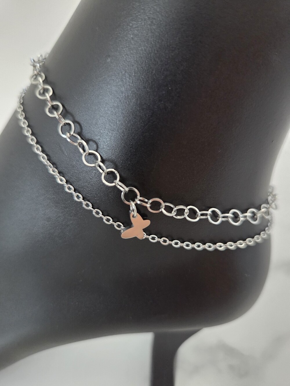 Silver Layered Butterfly Anklet Adjustable Double Chain Ankle Bracelet - Picture 6 of 12